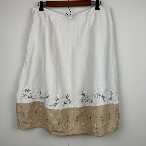J. Jill Linen Embroidered Beige Skirt Colorblock Pockets Lined Preppy Plus 16 - Picture 2 of 10